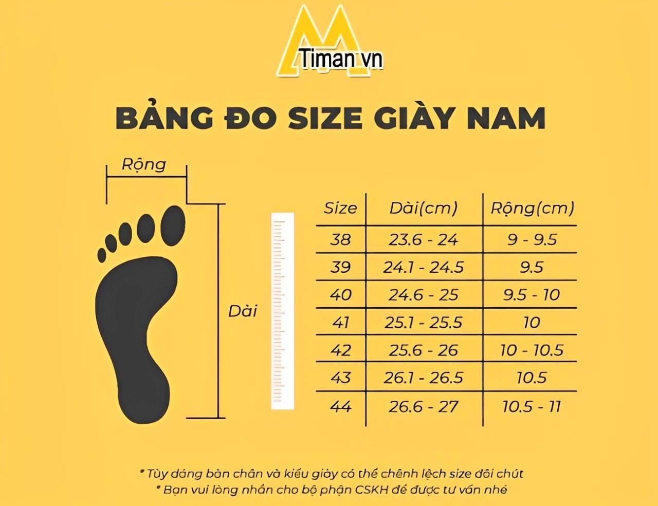 Bảng size giày lười nam 1wbet