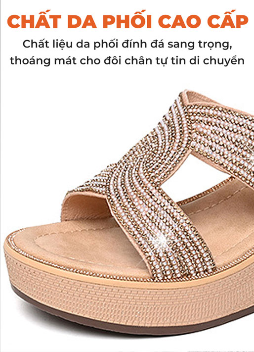 Dép đế xuồng nữ TM-DX502 chất da phối vải đính đá cao cấp